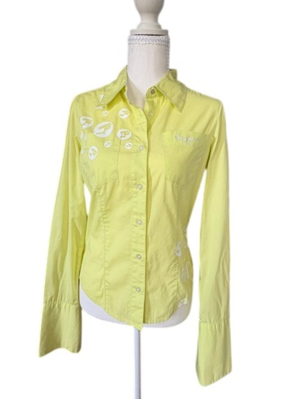 Vintage Pepe Jeans Y2K Yellow Long-Sleeve French Cuff Blouse Wht Logo Accents M